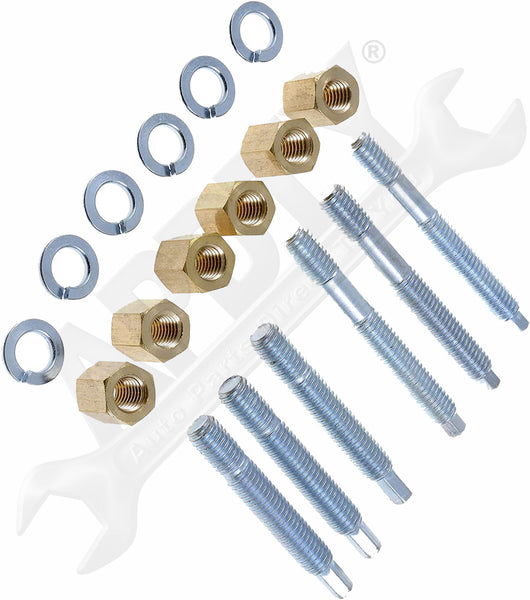 APDTY 14258 Exhaust Manifold Stud & Nut Kit; 6 Studs, 6 Brass Nuts, 6 Washers