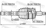 Febest 0414-KB4A47R Shaft Assembly, Outer CV Joint Right 33X490X30