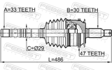 Febest 0414-KB4A47L Shaft Assembly, Outer CV Joint Left 33X485X30