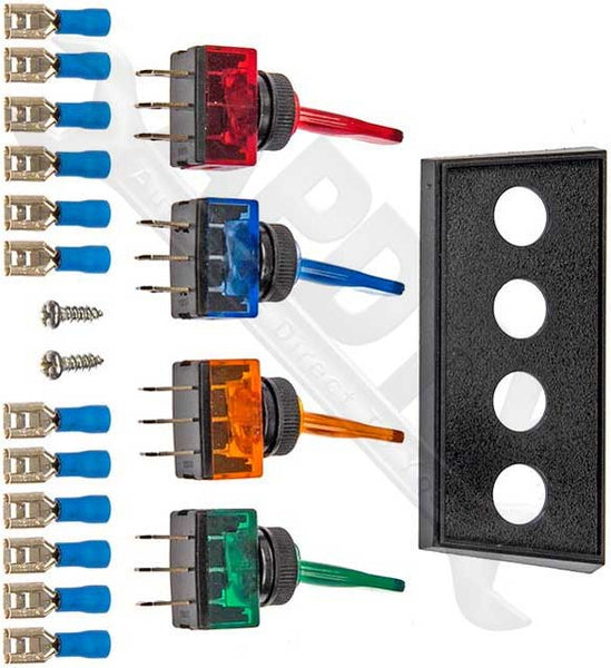 APDTY 97033 Lever Multiple Toggle Kit 4 Switches: Red, Blue, Amber & Green
